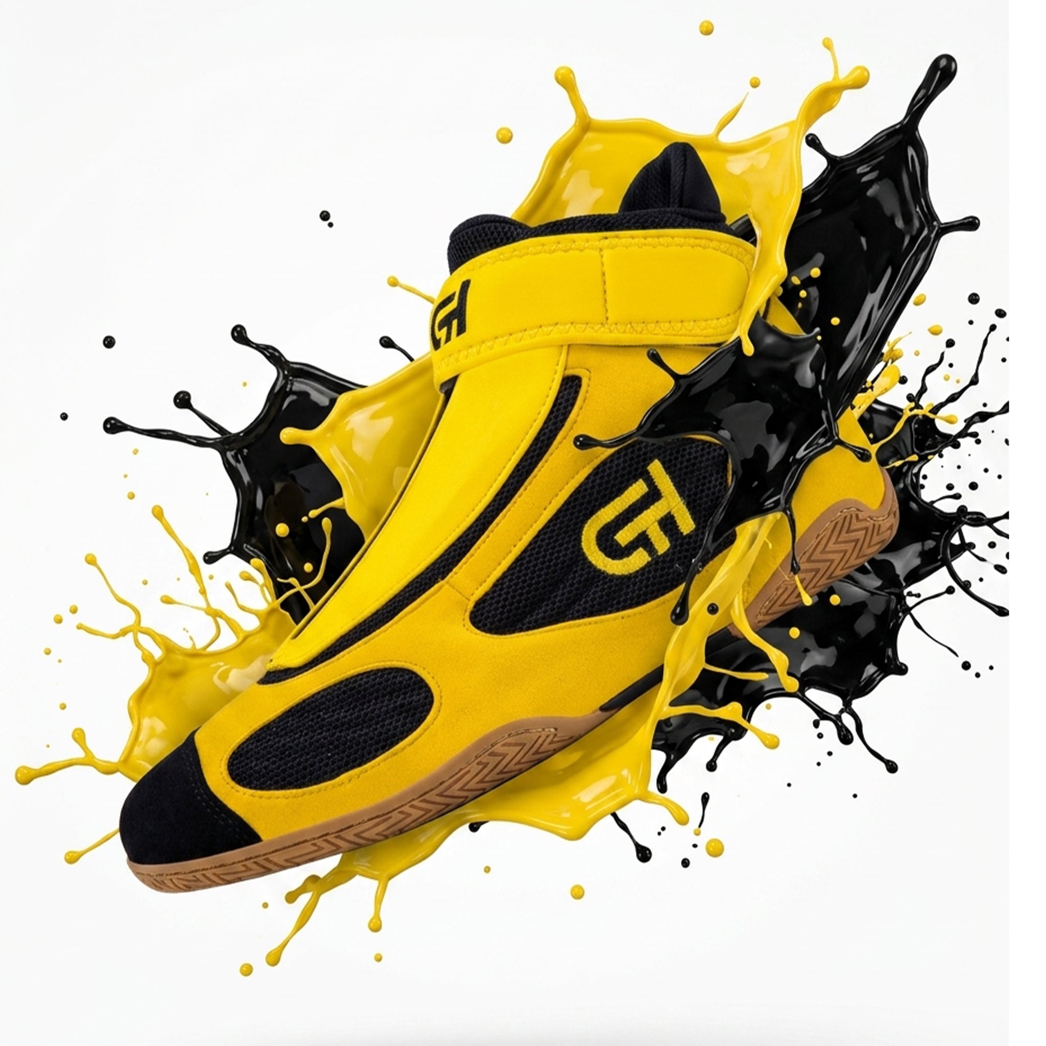 Yellow and black high-top wrestling shoes featuring “CH Gear” branding, displayed against dramatic yellow and black paint splashes.
