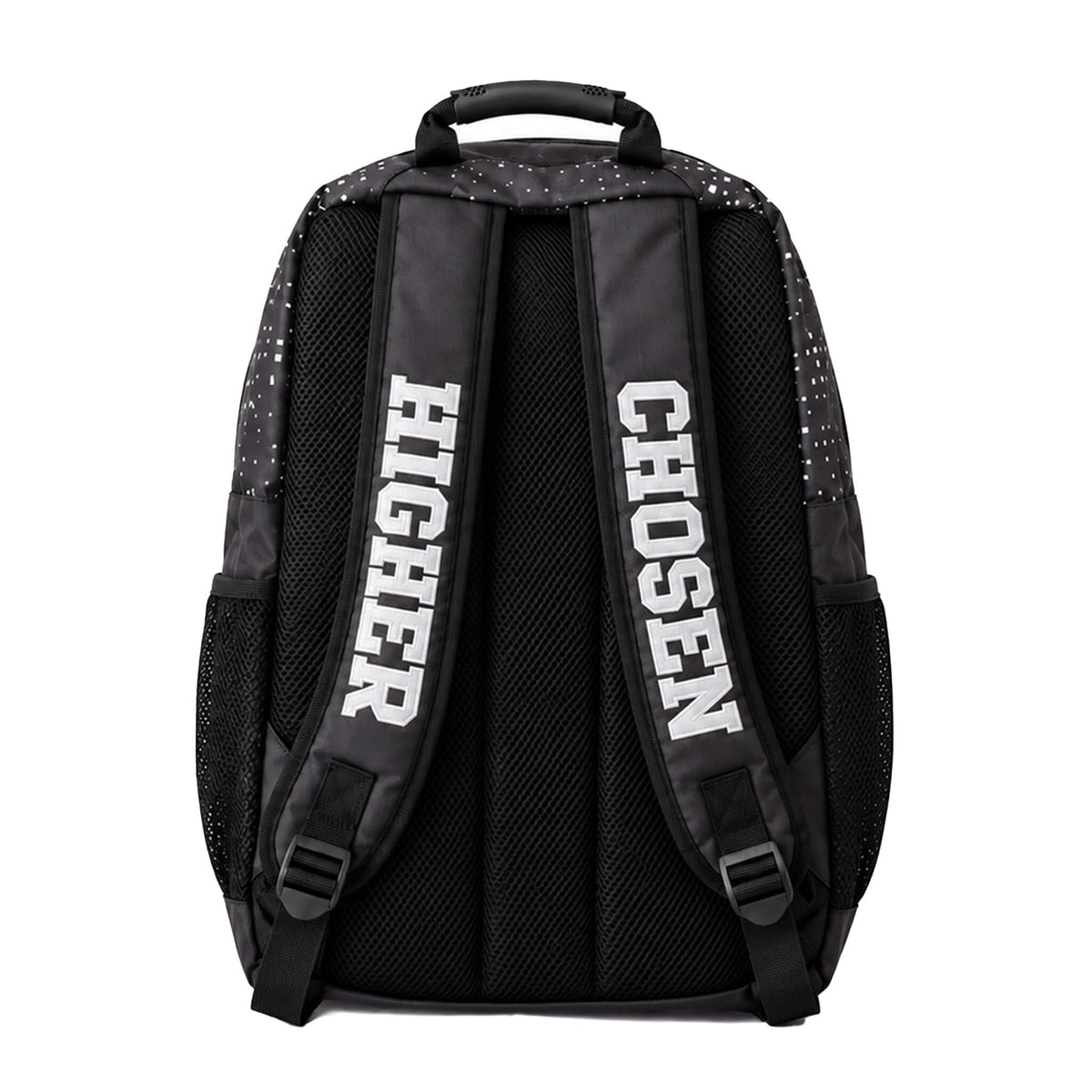Black backpack shown from the back, featuring padded shoulder straps with 'HIGHER' and 'CHOSEN' printed in white, a black mesh back panel, side pockets, and a top carry handle on a white background.