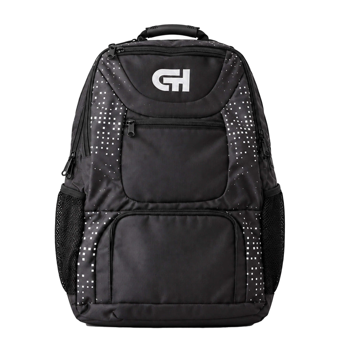 A black backpack with white dotted patterns on the sides and a white 'CH' logo on the front, shown against a plain white background.