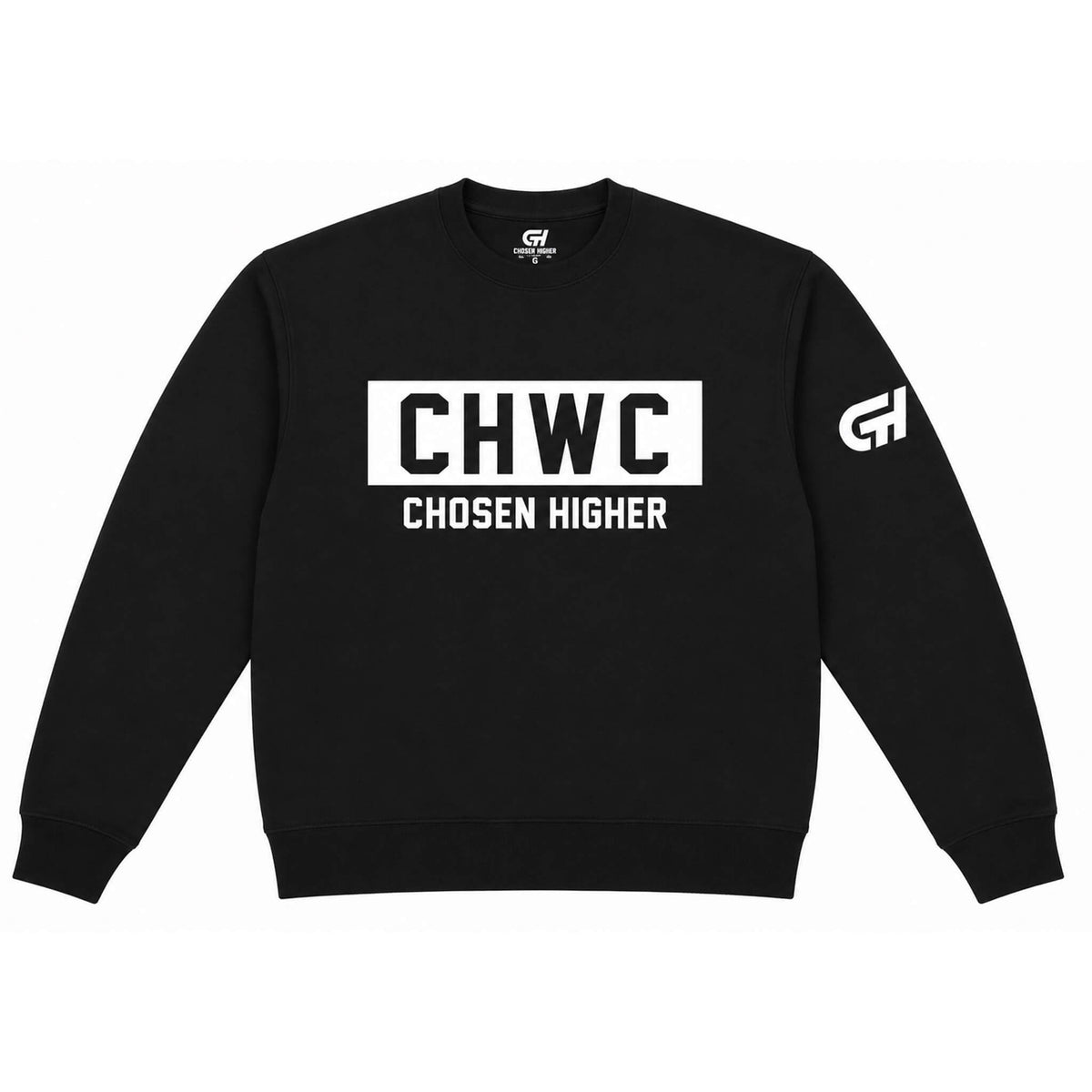 A black crewneck sweatshirt with a white graphic print on the chest reading 'CHWC CHOSEN HIGHER' and a white 'CH' logo on the left sleeve, shown against a plain white background.
