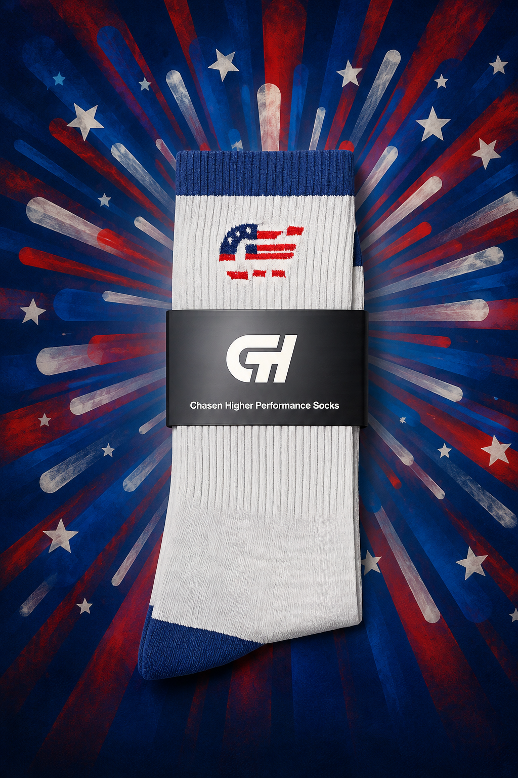 White and blue  CH Gear sock with Chosen Higher Performance Socks label on a patriotic background