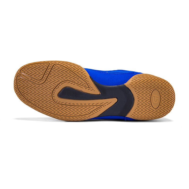 The outsole of a CH Gear XXVI Sonic Wrestling Shoe, showing a brown textured rubber tread with a blue and black molded midsole, photographed on a white background.