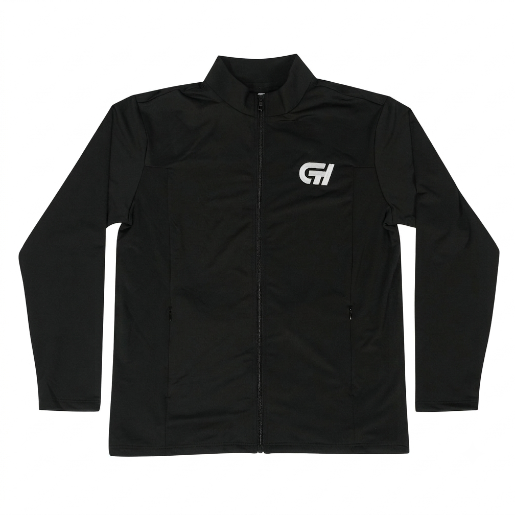 A black long-sleeve zip-up jacket with a stand collar and a white stylized 'CH' logo on the left chest, displayed flat against a solid white background.