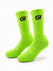 Pair of bright green socks with a black logo on a white background