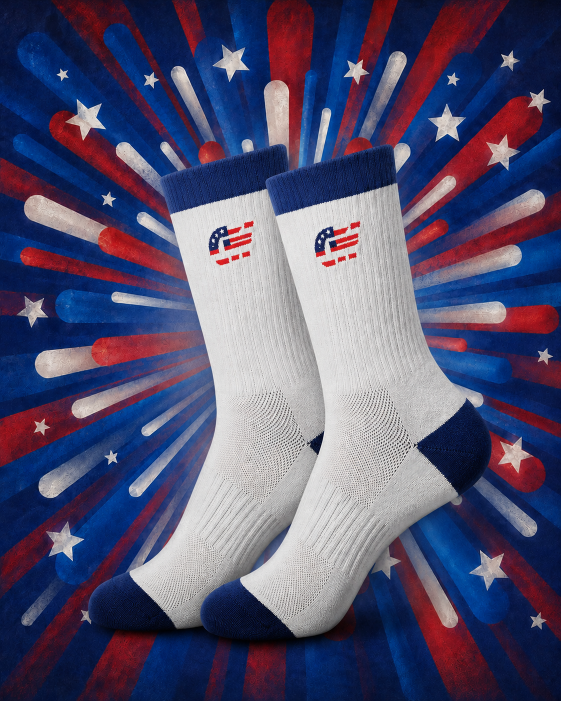 A pair of white crew CH Gear socks with navy blue heels, toes, and cuffs, featuring a small American flag graphic on the upper. The socks are presented against a patriotic red, white, and blue starburst background with white stars.