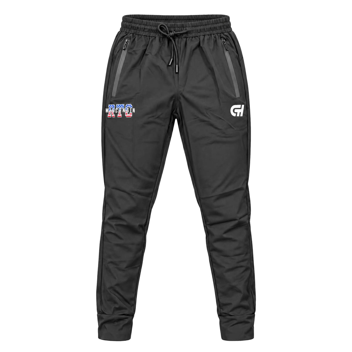 A pair of black sweatpants with a USA themed "RTC" logo and stylized "Wisconsin" text. On the right side there is a "CH" logo for CH Gear and it features 2 zipper pockets.