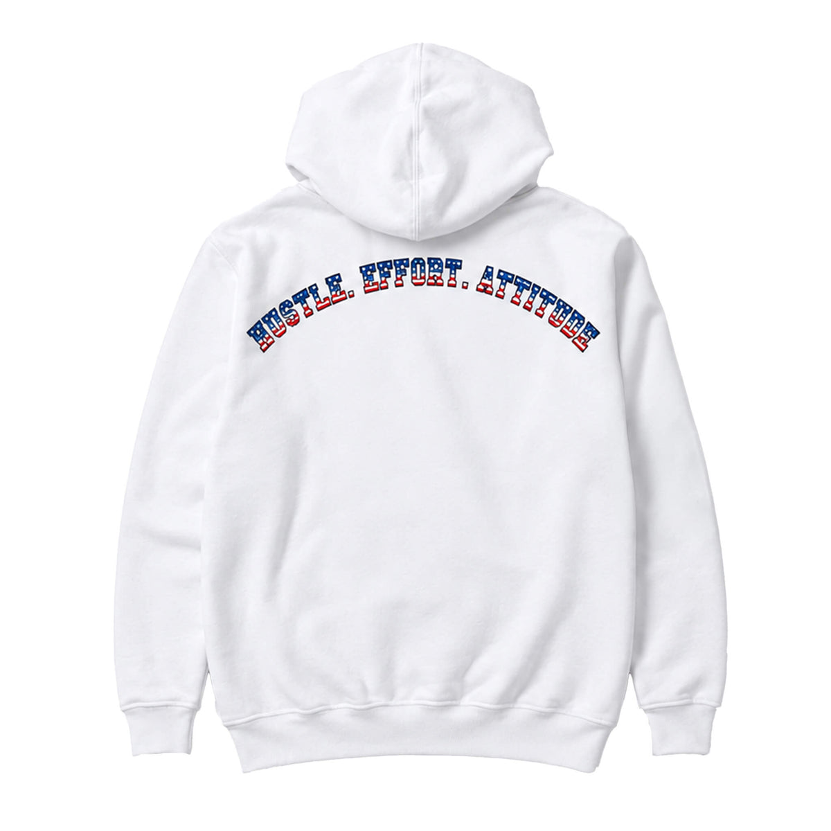 A white CH gear pullover hoodie shown from the back, featuring the text 'HUSTLE. EFFORT.