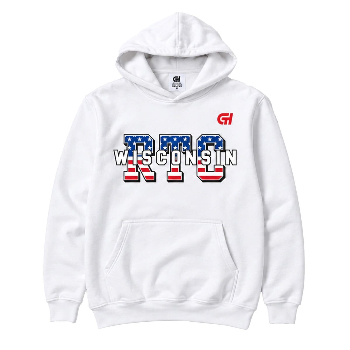 A white pullover hoodie with a front kangaroo pocket, featuring a graphic on the chest that reads 'WISCONSIN' in white letters with a red, white, and blue American flag pattern, and a small red 'CH' logo on the upper right chest.
