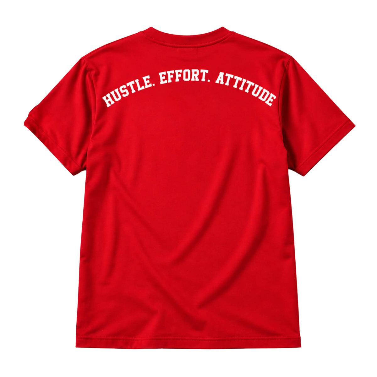 A red short-sleeve t-shirt shown from the back, featuring the words 'HUSTLE. EFFORT.