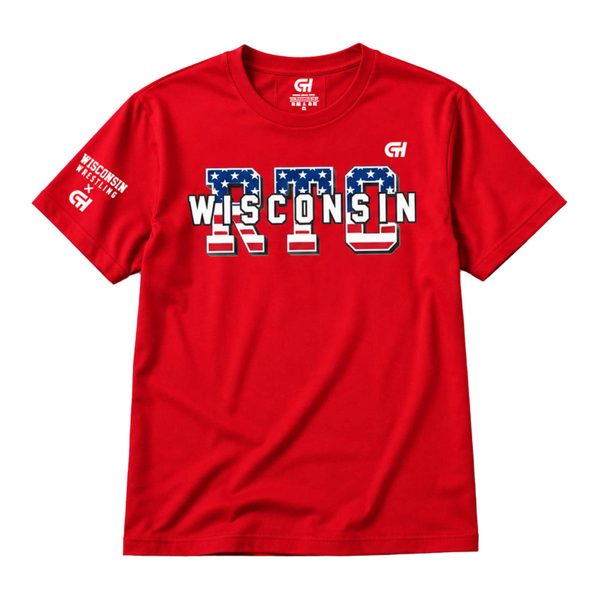 A red short-sleeve crewneck t-shirt featuring a 'WISCONSIN' graphic across the chest with the letters filled in an American flag pattern. The left sleeve has 'WISCONSIN BADGE LINE' printed on it, and the inner neck label and right chest display the 'CH' brand logo.