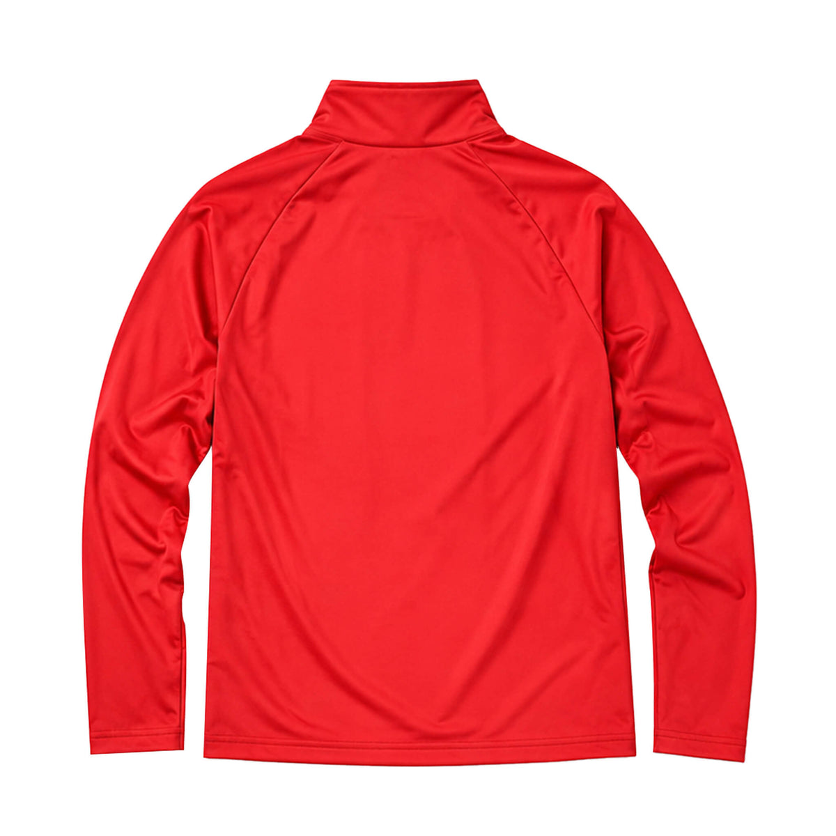 A bright red long-sleeve athletic quarter-zip jacket shown from the back, featuring raglan sleeves and a mock neck collar, displayed on a clean white background.