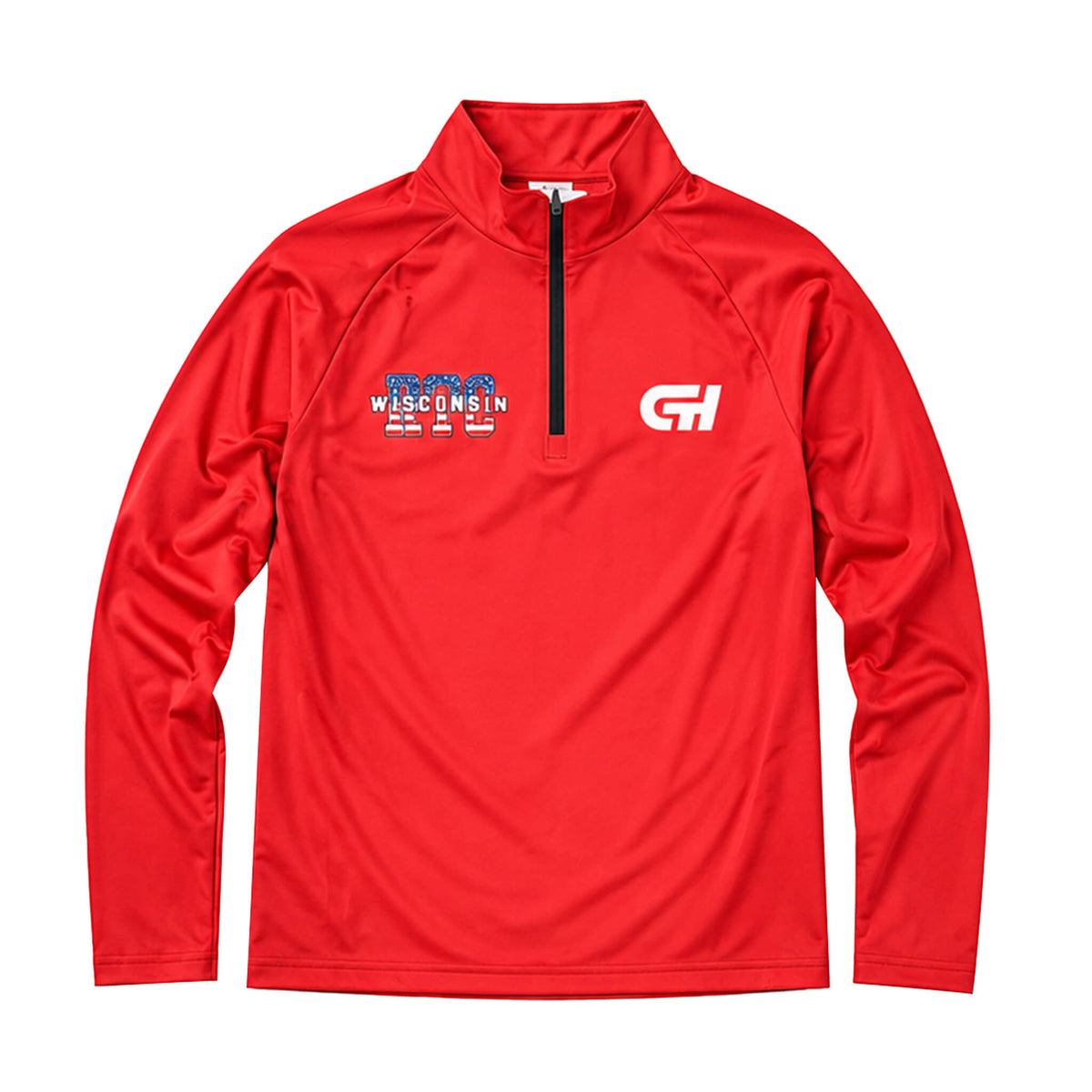 A red long-sleeve quarter-zip athletic pullover with a mock neck collar. The left chest features a blue and white 'WISC' logo with 'WISCONSIN' underneath, and the right chest features a white stylized 'CH' logo.
