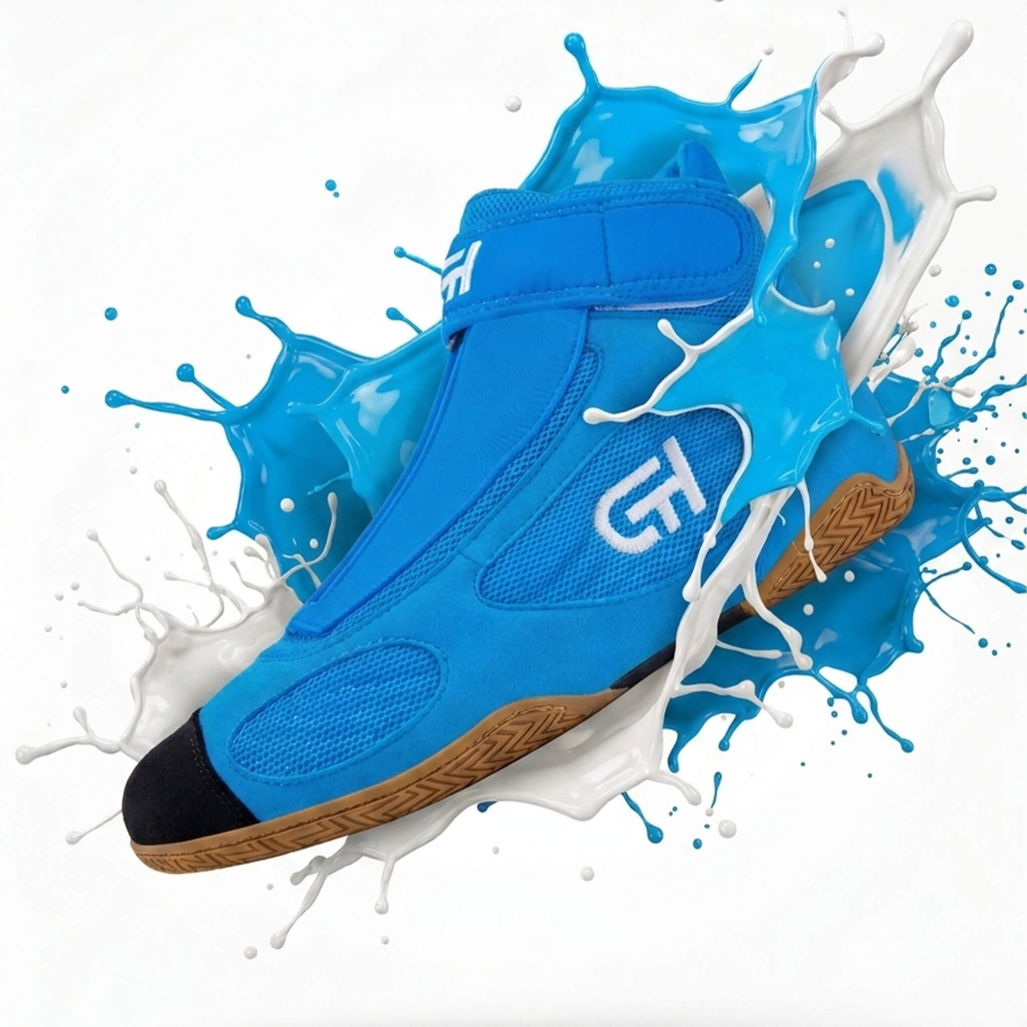 A bright blue high-top XXVI Aqua Wrestling Shoe  with a white logo on the side, shown emerging from a dynamic splash of blue liquid and white foam against a white background.