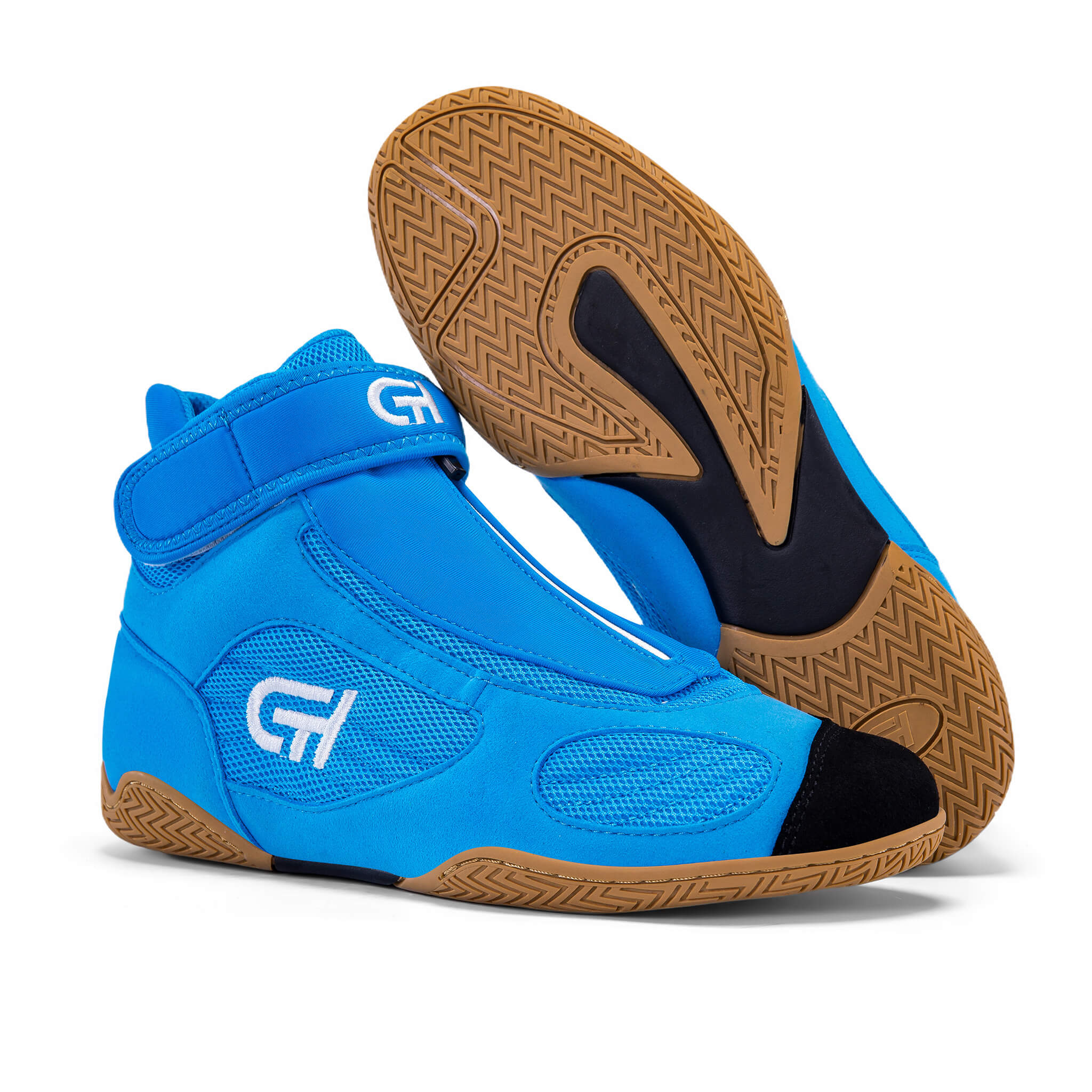 A pair of bright blue high-top XXVI Aqua Wrestling Shoe with black toe and heel caps, brown textured soles, and white stylized 'G1' logos on the side and ankle strap, shown on a clean white background.