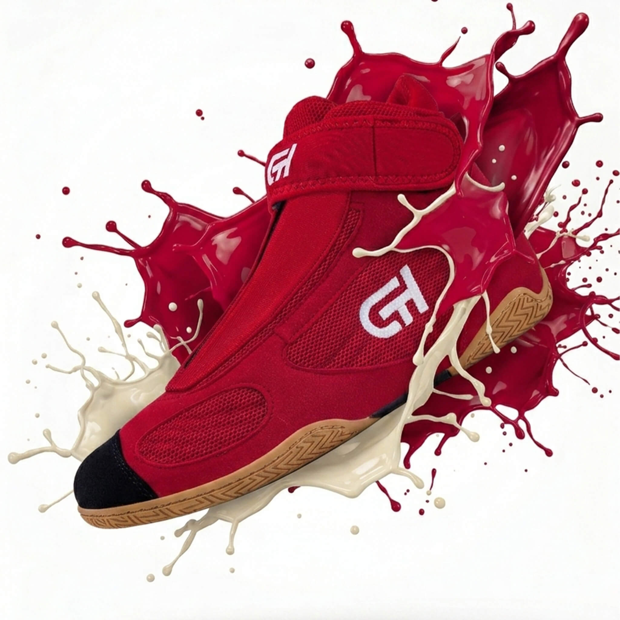 A red high-top CH Gear XXVI Bloodline Wrestling Shoe with a white 'GH' logo, shown with dramatic red and cream paint splashes against a white background.