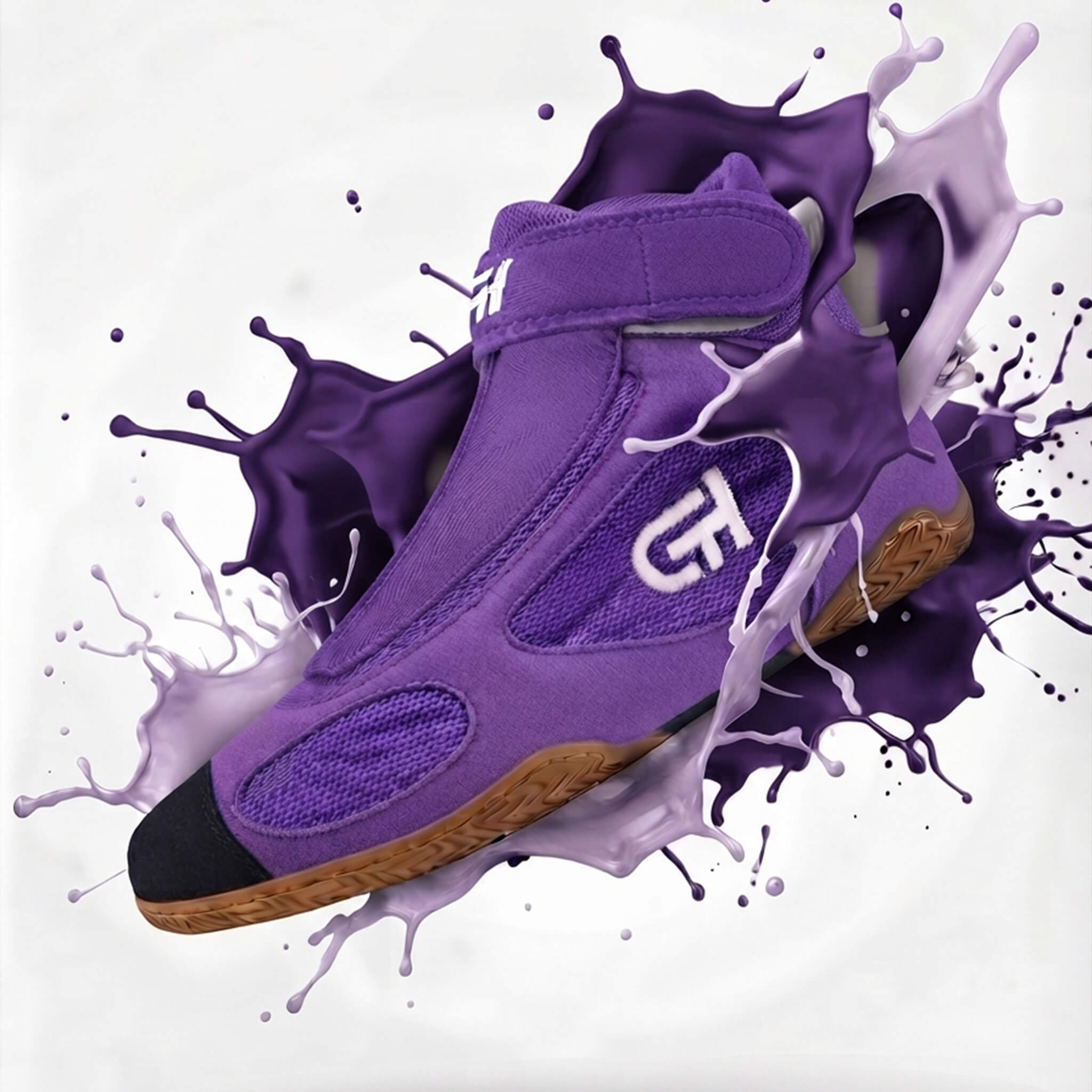 A purple high-top ch gear wrestling shoe with a white stylized 'G' logo on the side, shown against a white background with dramatic purple and lavender paint splashes behind it.
