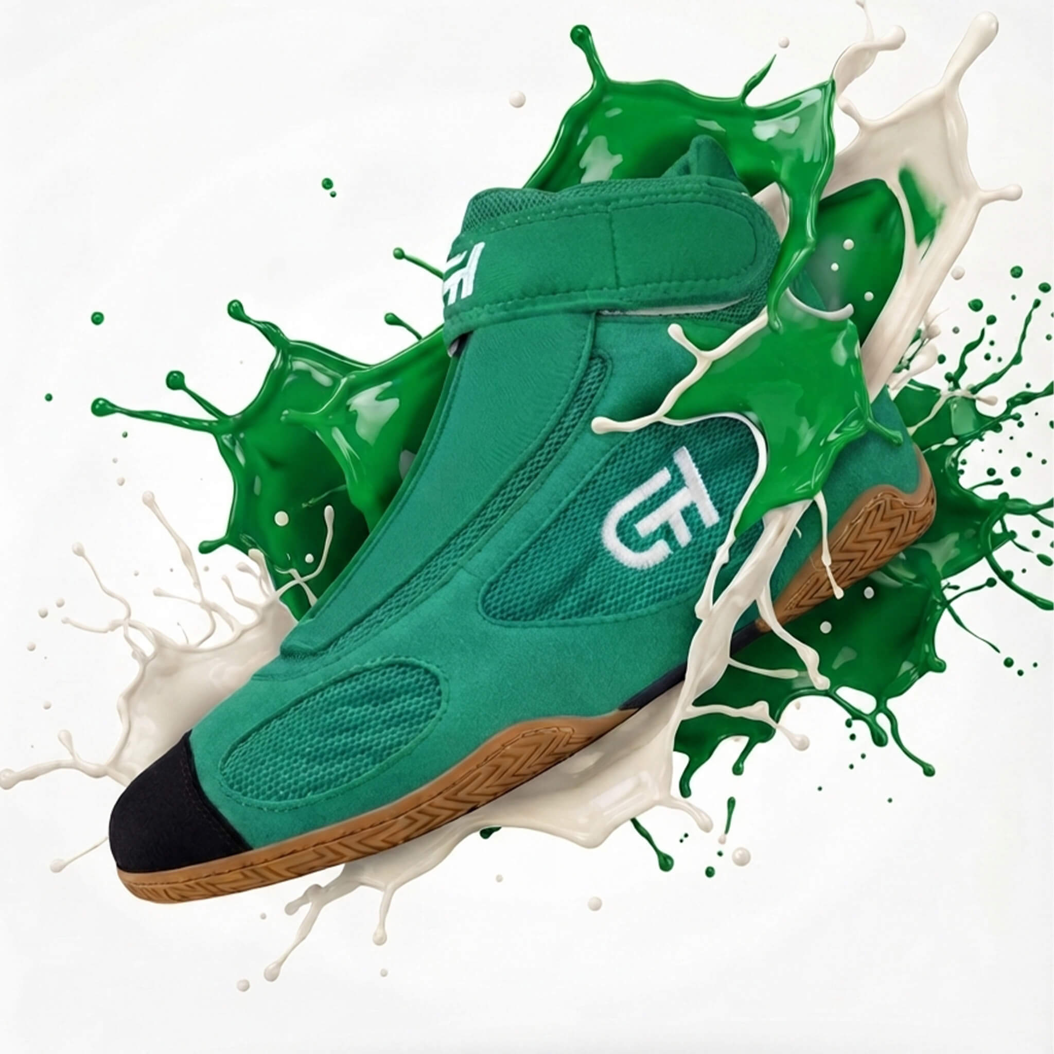 A green high-top ch gear wrestling shoe with a white 'G' logo, shown floating amidst vibrant green and white paint splatters on a white background.