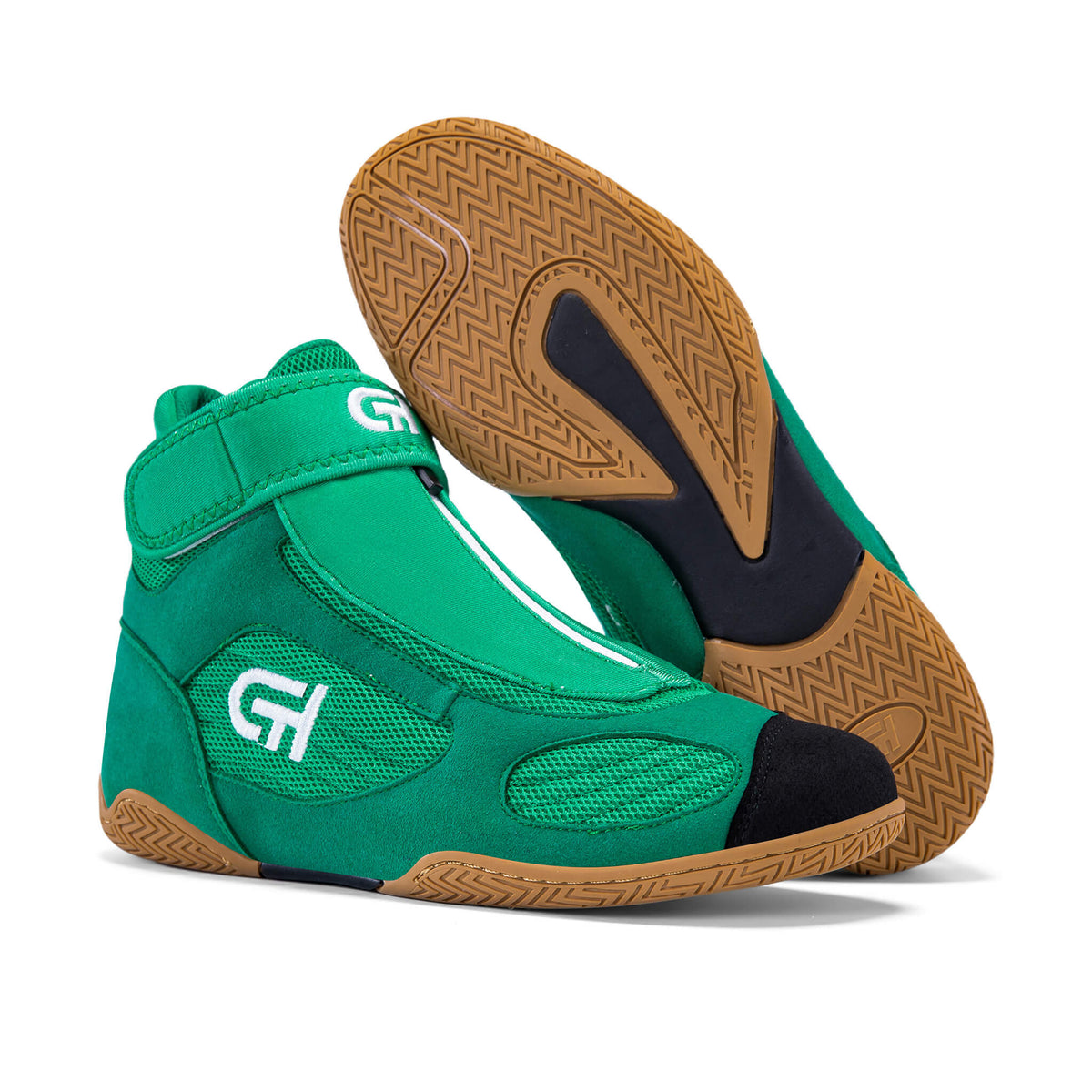 A pair of green high-top ch gear wrestling shoes with a hook-and-loop strap, white logo detailing, and a brown textured outsole, shown on a clean white background.