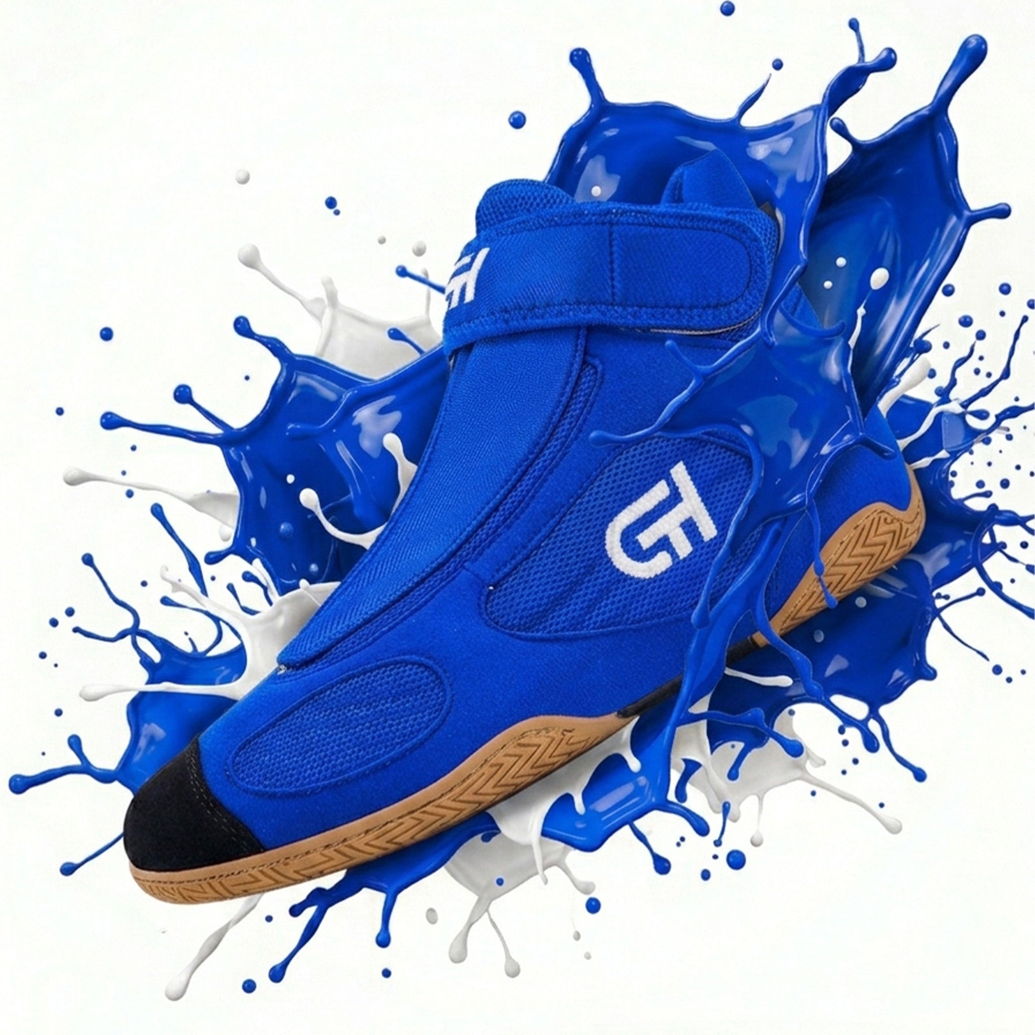 A blue athletic CH Gear XXVI Sonic Wrestling Shoe with a white 'CH' logo, shown amidst a dynamic blue and white paint splash on a white background.