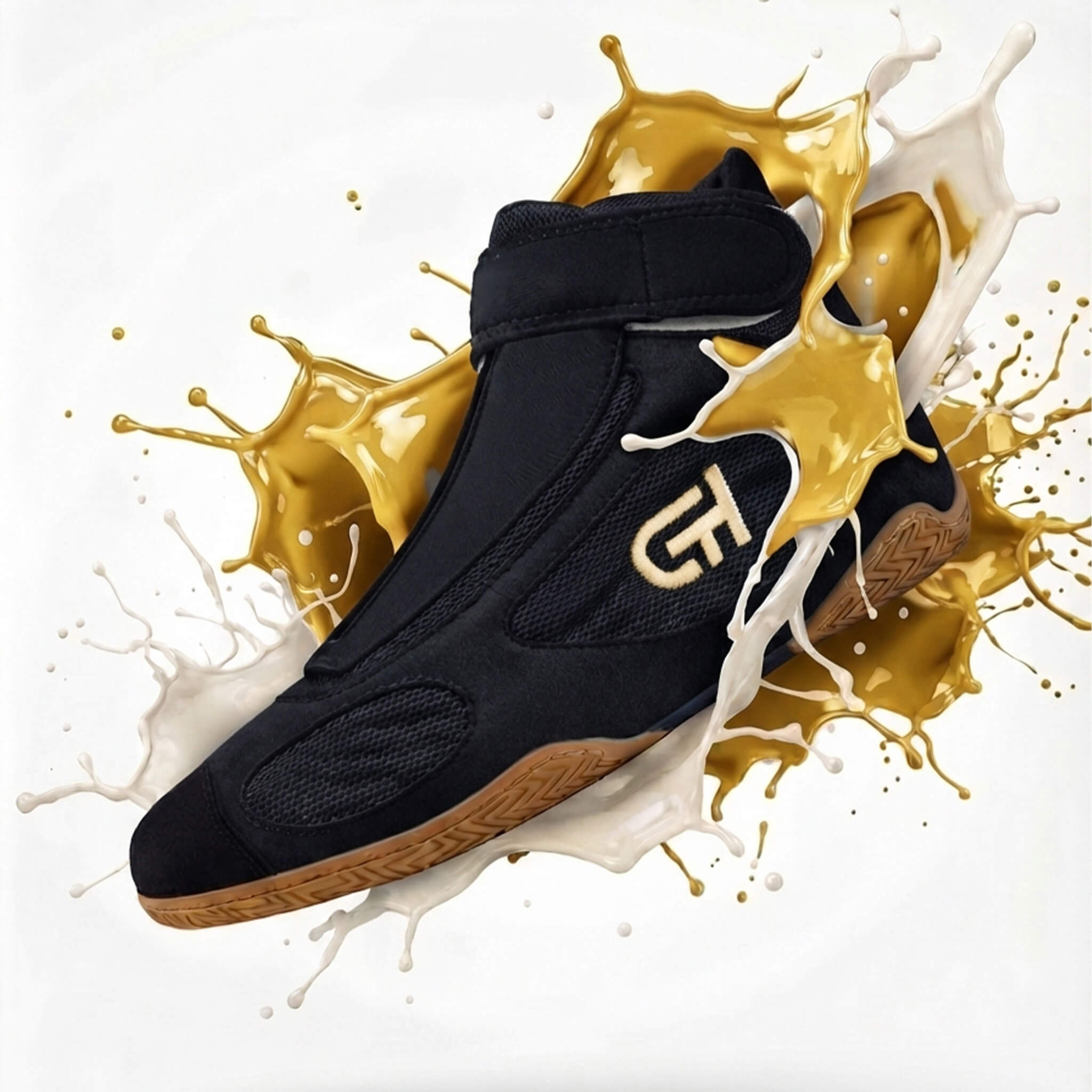 A black high-top athletic CH Gear XXVI Throne Wrestling Shoe with a gold 'CH' logo, shown against a white background with dramatic gold and white liquid splashes behind it.