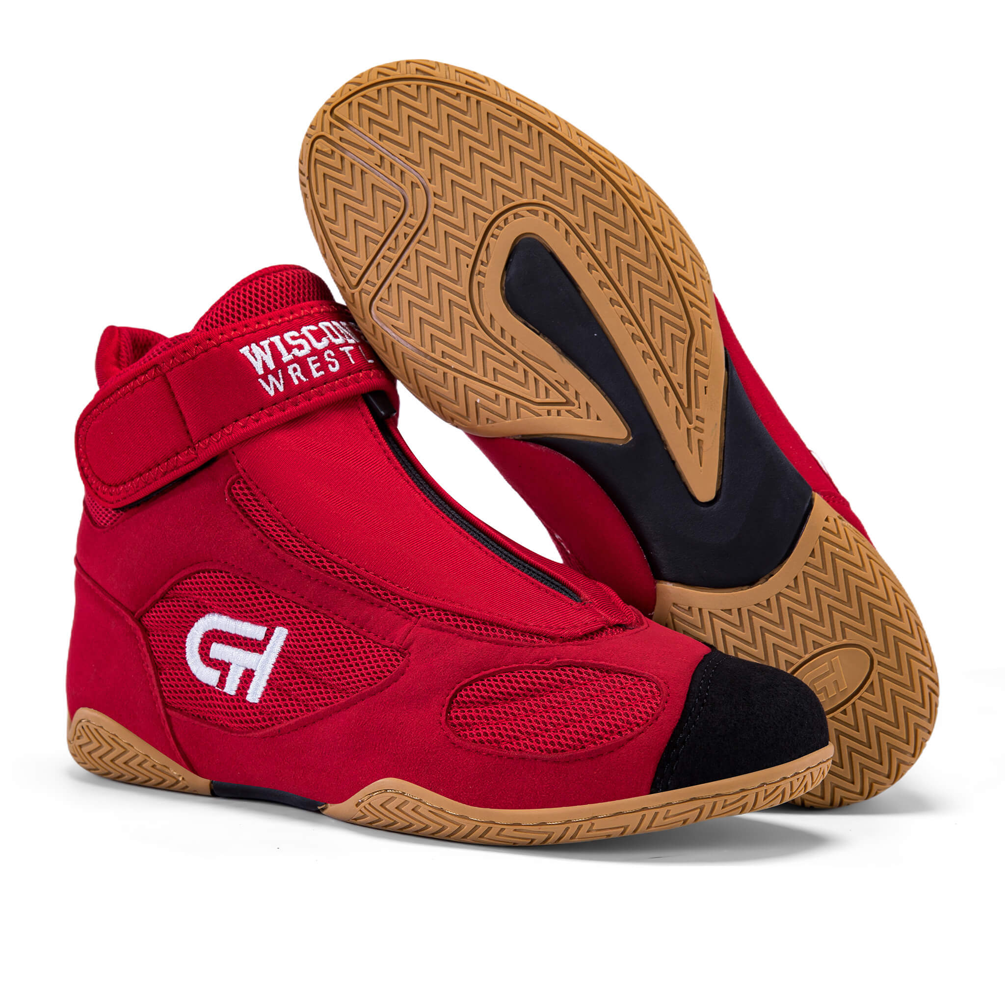 Red and black high-top wrestling shoes with tan patterned soles, featuring “CH Gear” branding and “Wisconsin Wrestling” text on the strap, shown together with one shoe lifted to display the sole.