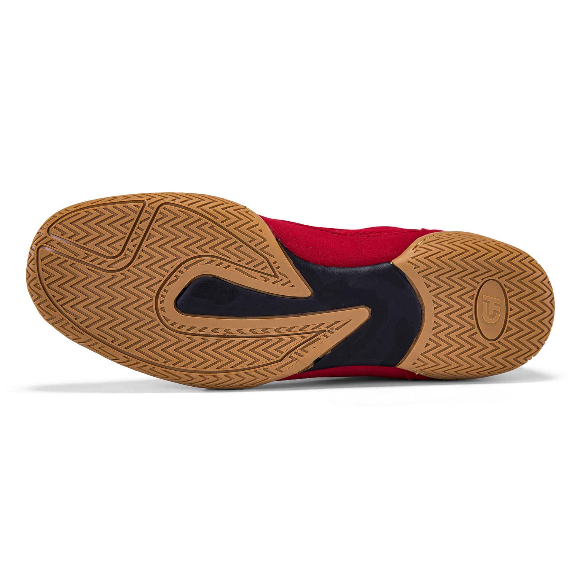 Bottom view of a red and black wrestling shoe showing the tan rubber sole with a zigzag traction pattern, black midfoot section, and “CH Gear” logo.