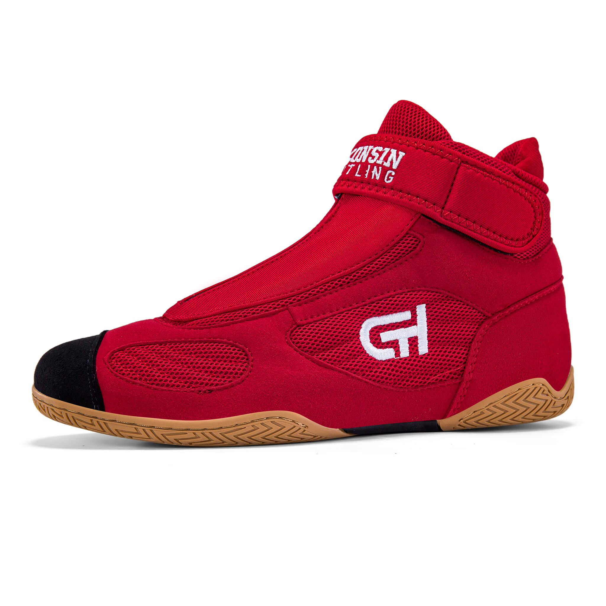 Side view of a red and black high-top wrestling shoe with tan patterned sole, “CH Gear” logo, and “Wisconsin Wrestling” text on the strap.