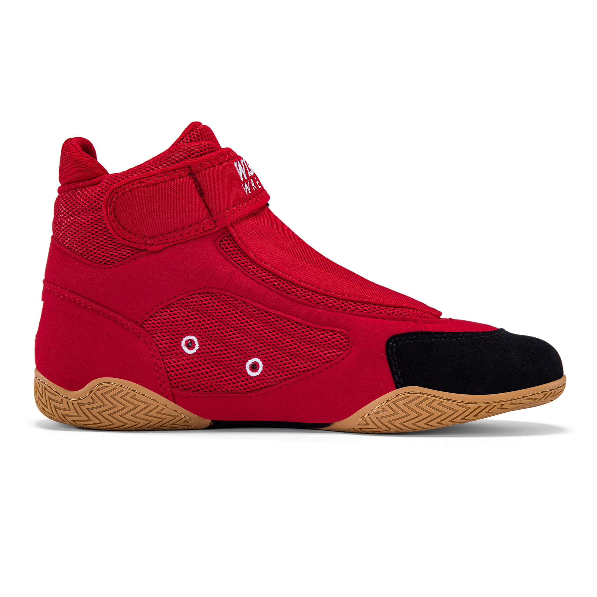 A red high-top athletic shoe with a black toe cap, brown gum sole, and white logo on the side, shown against a plain white background.