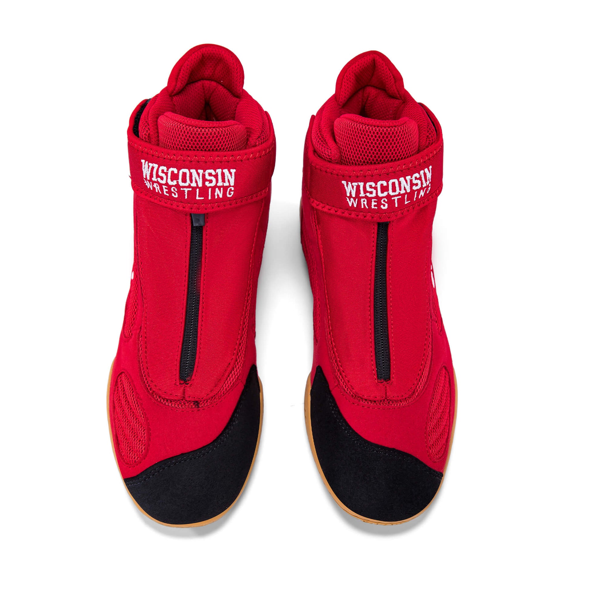 A pair of red wrestling shoes with black toe caps and black vertical zipper details, featuring 'WISCONSIN WRESTLING' printed in white on the ankle straps, shown against a plain white background.