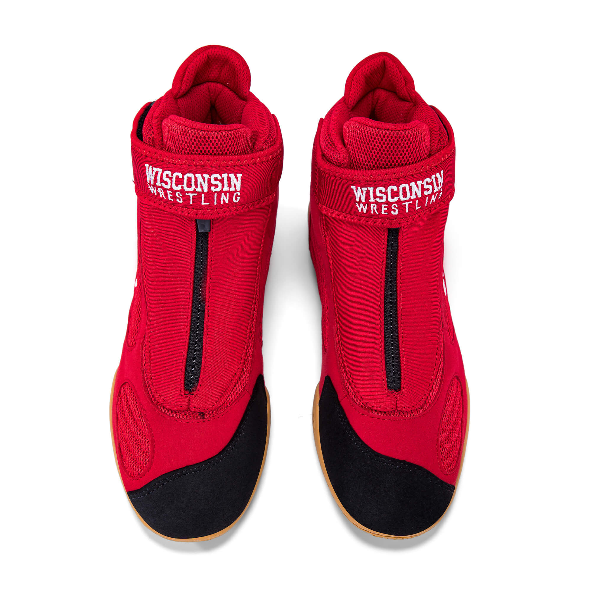 A pair of red wrestling shoes with black toe caps and black vertical zipper details, featuring 'WISCONSIN WRESTLING' printed in white on the ankle straps, shown against a plain white background.